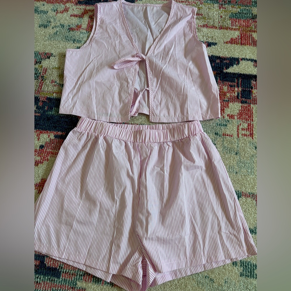 Striped Pink and White Sleeveless Top and Shorts Set